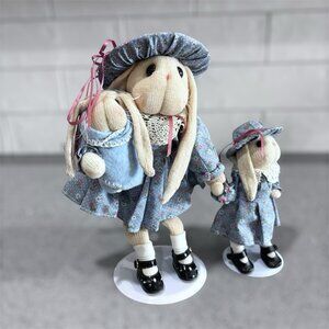 Vintage Rustic Bunny Fabbit Figures Mom & Daughter Plush Stuffed Animals Gift